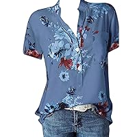 Women's Casual Summer V Neck Summer Tops Short Sleeve Spring Leaf Floral Print Womens Graphic T Shirts Button Down