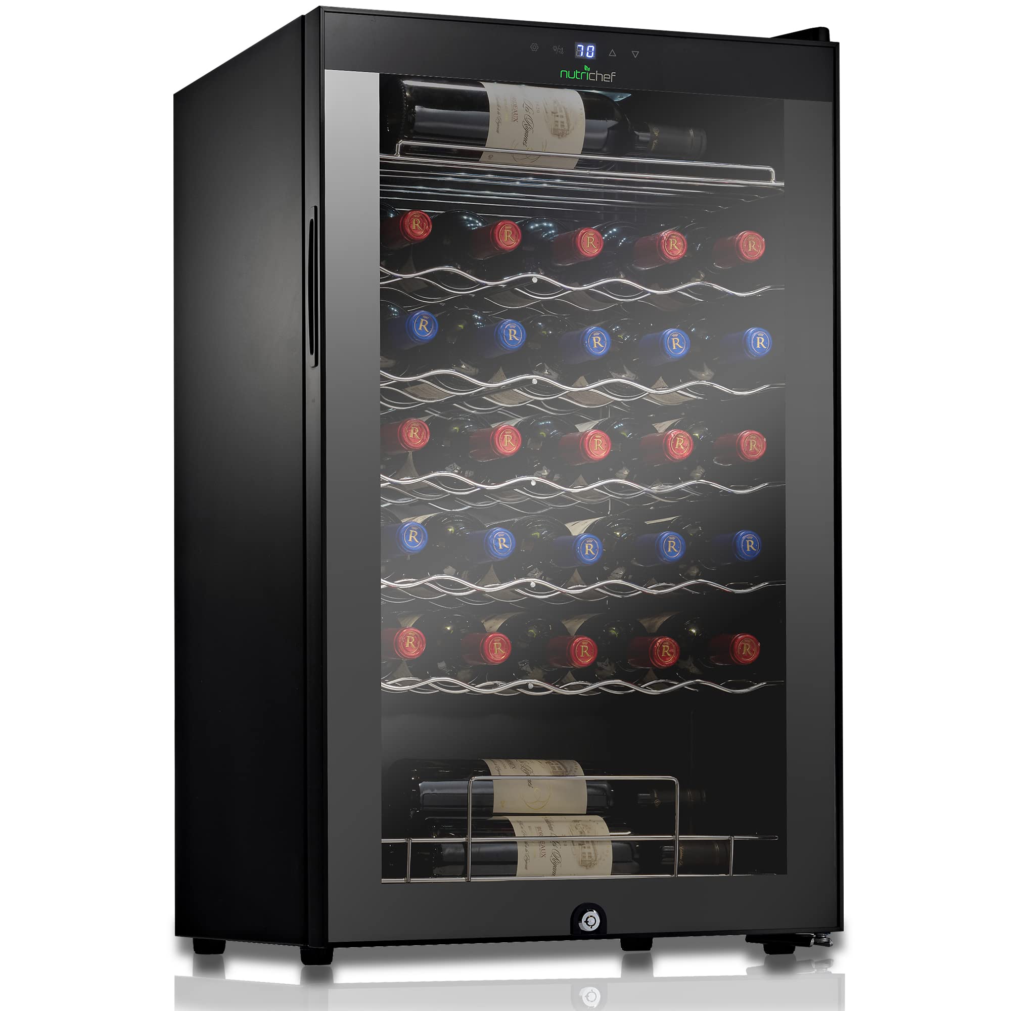 NutriChef 34 Bottle Compressor Wine Cooler Refrigerator Cooling System | Large Freestanding Wine Cellar Fridge For Red And White Champagne or Sparkling, Black Glass Door