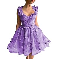 Women's Lace Appliques Sling Mini Homecoming Dress Tulle Short Cocktail Club Dress