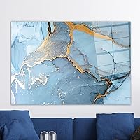 kayra export Glass Art, Glass Printing, Wall Decoration, Blue And Gold Marble, Gold Marble Wall Decor, Contemporary Glass Wall Art, Shimmery Glass Wall A, (Silver Framed - 48x71 inches)