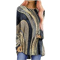 Casual Tunic Tops for Women Fashion Retro Abstract Print Long T-Shirt O Neck Long Sleeve Blouses Plus Size