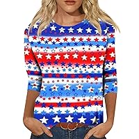 Summer Tops for Women 2024 Patriotic American Flag Outfits 3/4 Sleeve Top 4th of July Shirts Graphic Tunics Blouses
