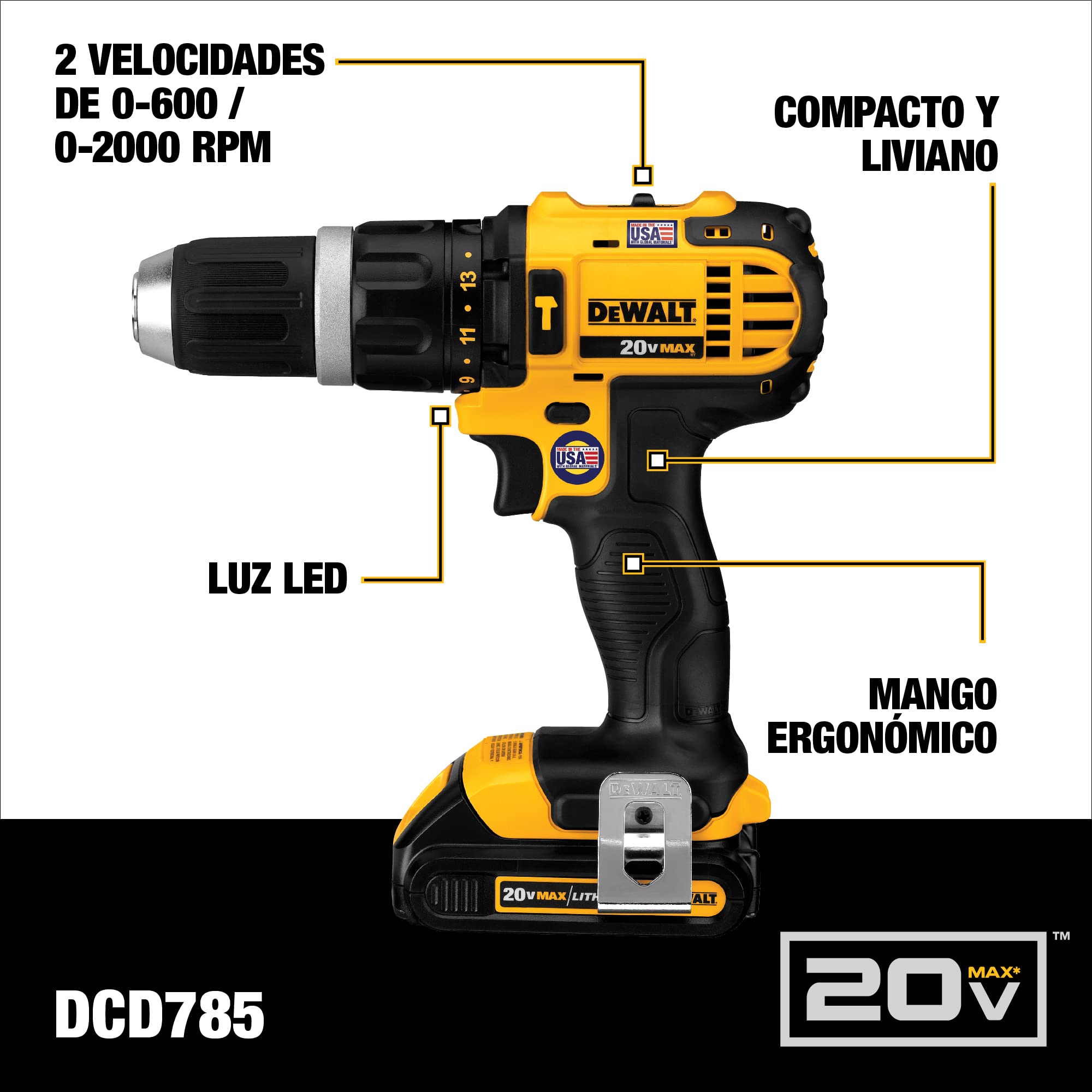 DEWALT 20V MAX* Hammer Drill, Compact, 1.5-Amp Hour (DCD785C2)