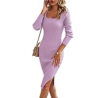 VintageClothing Women's 2023 Fall Long Sleeve Sweater Dress Square Neck Side Slit Bodycon Ribbed Knit Slim Fit Midi Dress