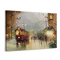 Posters Streetcar Street View Oil Painting Art Poster Retro Train Poster Canvas Art Poster Picture Modern Office Family Bedroom Living Room Decorative Gift Wall Decor 12x16inch(30x40cm) Frame-style