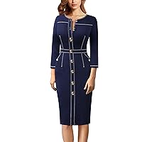 VFSHOW Womens Buttons Front Patchwork Work Business Office Bodycon Pencil Dress Professional Career Slim Fitted Sheath Dress