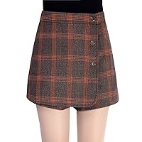 Women's High-Rise Plaid Checked Wool A-line Shorts Mini Culottes Pantskirts