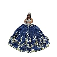 2024 Sparkly Sequin Fabric Gold Lace Embellishment Off Shoulder Ball Gown Quinceanera Prom Evening Dresses XV