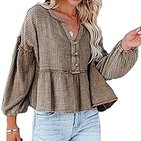 Women's V-Neck Lantern Sleeve Pullover Top Elegant Puff Long Sleeve Top Blouses Casual Balloon Sleeve Shirts Tops