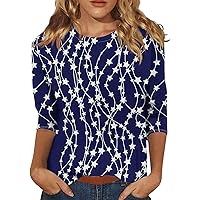 Independence Day 3/4 Sleeve Tops for Women Summer Crewneck Shirt 4 Th July Blouses Stars and Stripes Print Clothes