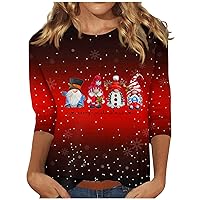 Women's 2023 Christmas Printed Blouse, Elegant 3/4 Sleeve Tops for Women Cute Crew Neck Top Trendy Plus Size Cotton Blouses
