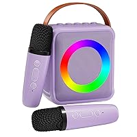 Mini Karaoke Machine for Kids Adults, Portable Bluetooth Speaker with 2 Wireless Microphones, Microphone Speaker Set with LED Disco Lights for Home Party, Birthday Gifts for Girls Boys(Purple)