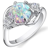 PEORA Created White Fire Opal Ring for Women 925 Sterling Silver, Stunning 3-Stone Design, 1.75 Carats Round Shape 8mm, Sizes 5 to 9