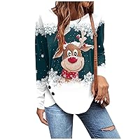 Women's Christmas Shirts Long Sleeve Tunic Loose Top Pleated Button Casual Print T-Shirt Tops Fashion, S-3XL