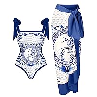 One Piece Bathing Suit for Women Bikini Sarong Maxi Wrap Skirts 2 Piece Floral Print Tankini Swimsuits Cover Up Set