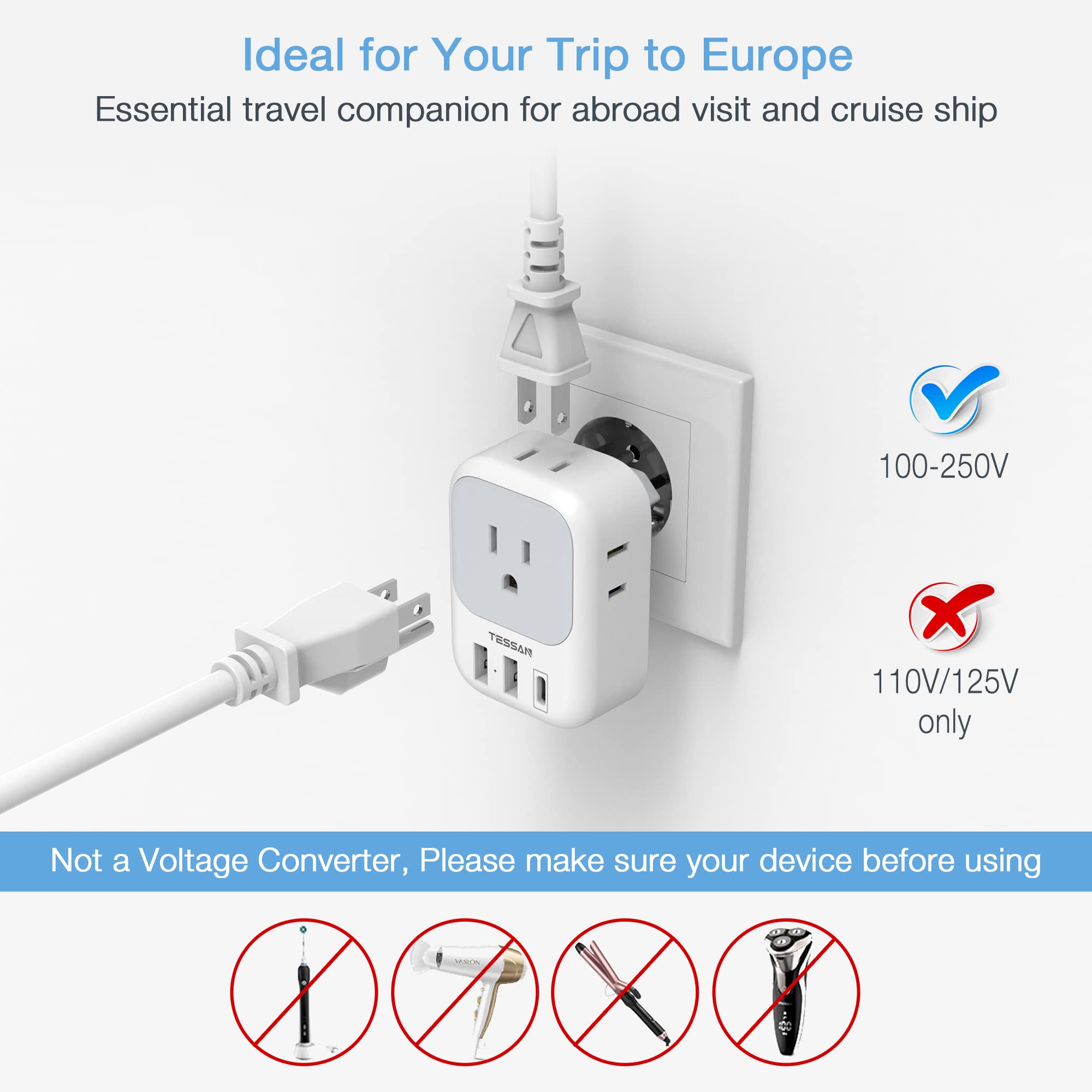 European Travel Plug Adapter USB C, TESSAN International Plug Adapter with 4 AC Outlets and 3 USB Ports, Type C Power Adaptor Charger for US to Most of Europe Iceland Spain Italy France Germany