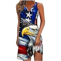 4th of July Dress Women 2024 Star Striped American Flag Print Beach Dress Button V Neck Sleeveless Mini Tank Dresses
