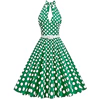 Women 50s Polka Dots Deep V Neck Retro Audrey Halter Dress Summer Sleeveless Lace-Up Backless Swing A-Line Dresses
