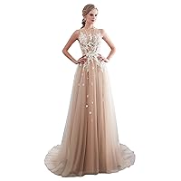 Women's Lace Appliques Illusion Formal Prom Dresses Long Bridesmaid Wedding Gown