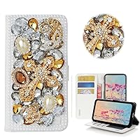 STENES Bling Wallet Phone Case Compatible with iPhone 15 Pro - Stylish - 3D Handmade Mask Cross Design Leather Cover with Neck Strap Lanyard & Screen Protector - Gold