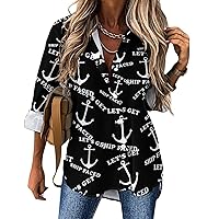 Let's Get Ship Faced Anchor Long Sleeve Shirts for Women Print Fashion Casual Button Down Tee Tops