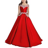 Junguan Flower Girls Off The Shoulder Pageant Dresses Long Princess Birthday Formal Party Ball Gowns Aline with Pockets