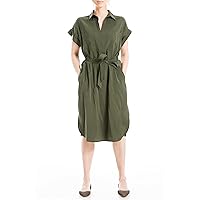 Max Studio Women's Tab Short Sleeve V-Neck Collar Dress with Waist Tie Detail