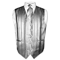 Vesuvio Napoli Men's Dress Vest & NeckTie SILVER GREY Color Woven Striped Design Neck Tie Set