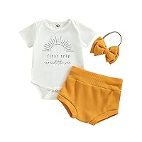 Infant Baby Girl Summer Outfits Letters Print Short Sleeve T Shirt Fruits Shorts Headband 3Pcs Clothes Set