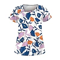 Flower Tops for Women,Women's Casual Printed Short Sleeve Workwear with Double Pocket Top Basic Shirts