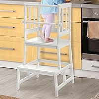 COSYLAND Kids Kitchen Step Stool Helper with Gloves Removable Anti-Drop Railing Safety Rail, Non-Slip Mat Standing Tower Stepping Stool for Toddlers Bathroom Sink Counter Learning White