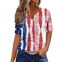 Women American Flag Tie Dye Print T-Shirt Summer Short Sleeve V Neck Button Up Blouse 4th of July Patriotic Shirts