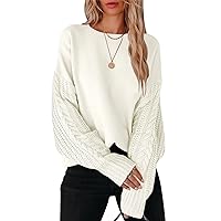 Women's Crewneck Long Sleeve Drop Shoulder Casual Solid Cable Knit Chunky Contrast Pullover Sweater Top