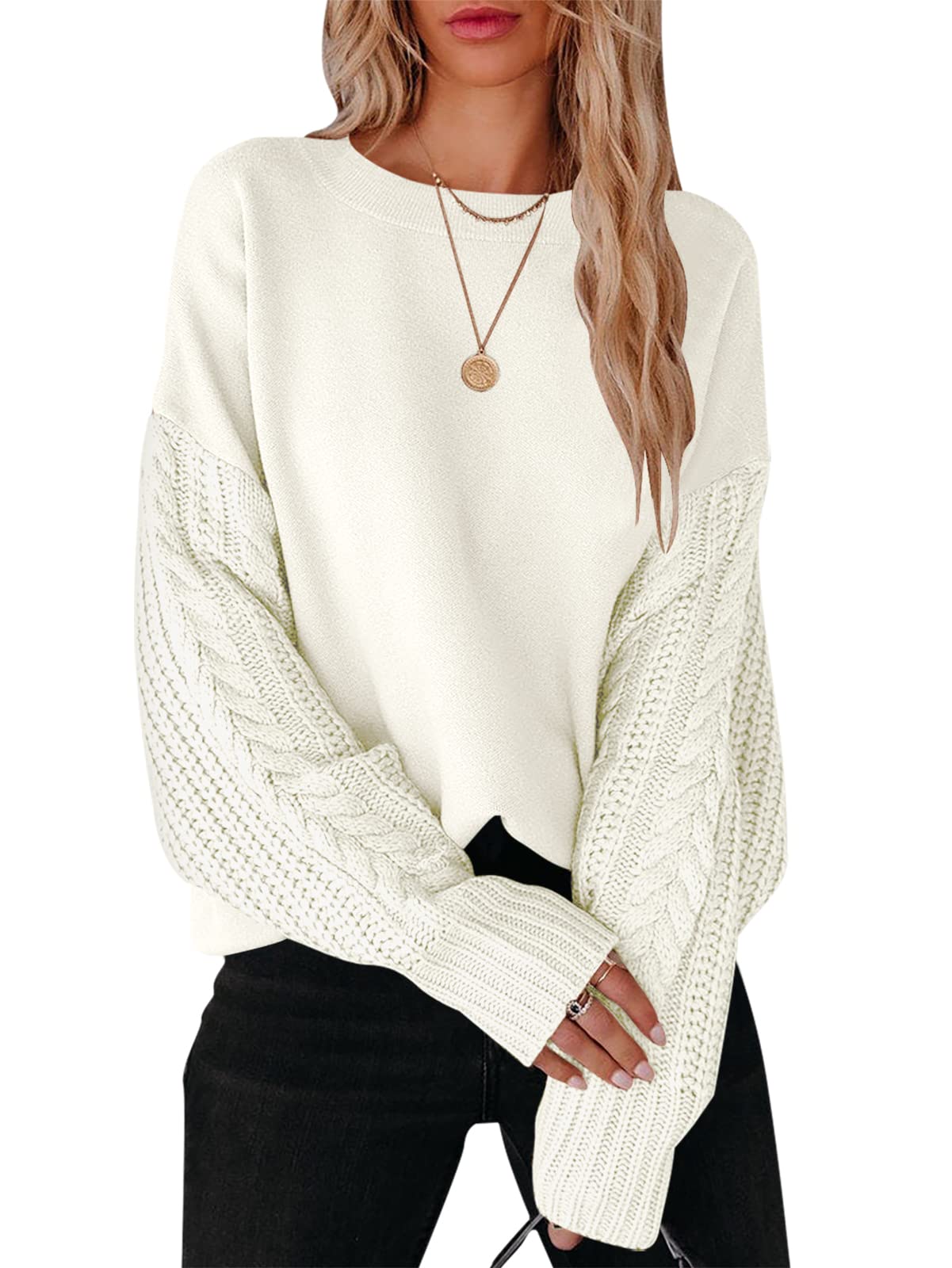 ANRABESS Women's Oversized Crew Neck Long Sleeve Casual Cable Knit Chunky Contrast 2023 Fall Pullover Sweater Top