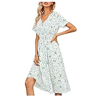 Women's Summer Dress with Pockets V Neck Floral Dress Loose Casual Print Long Dress Bohemian Wrap Short, S-XL