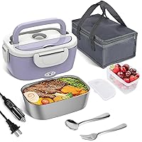 Vabaso Electric Lunch Box Food Heater, Electric Heating Lunch Boxes Lunch for Adults/Men/Car/Truck/Work, 60-80W 1.5L Removable 304 Stainless Steel Container, 110V/12V/24V, with Fork & Spoon