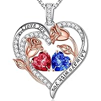 Iefil Rose Heart Necklaces for Women - 925 Sterling Silver Rose Heart Birthstone Necklace Birthday Gifts for Women Anniversary Christmas Jewelry Gifts for Her Wife Girlfriend Mom Daughter