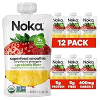 Noka Superfood Fruit Smoothie Pouches, Strawberry Pineapple, Healthy Snacks with Flax Seed, Prebiotic Fiber and Plant Protein, Vegan and Gluten Free, Organic Squeeze Pouch, 4.22 oz, 12 Count