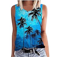 Womens Plus Size Tank Tops Summer Coconut Palm Print Sleeveless T-Shirts Vacation Beach Tops Casual Tunics Shirts