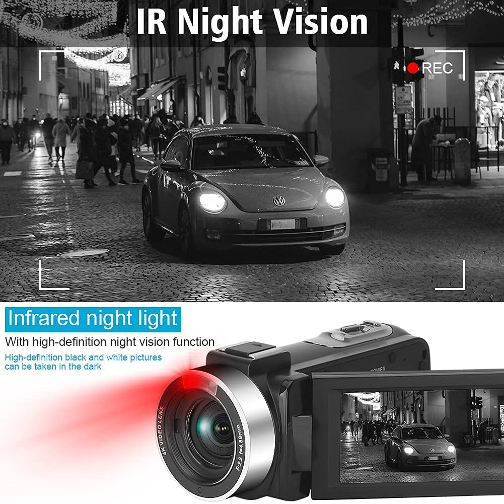 Video Camera Camcorder 4K 56MP Vlogging Camera with IR Night Vision 16X Digital Zoom, Microphone 2.4G Remote Control