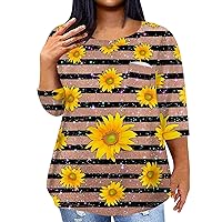 Womens Plus Size Outfits Plus Size Tops for Women Sunflower Print Casual Fashion Trendy Loose Fit with 3/4 Sleeve Round Neck Shirts Light Brown 4X-Large