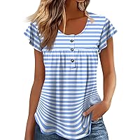 Womens Tank Tops Loose Fit Cotton Shirts for Women Lace Blouses for Women Plus Size Short Sleeve Tops Loose Tunic Printed Button Round Neck T-Shirts Light Blue Small