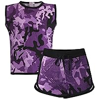Kids Girls 100% Cotton Camouflage Purple Taped Vest Top Summer Shorts Set 5-13 Y