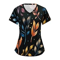 Scrubs Tops with Designs V-Neck Short Sleeve Workwear with Pockets Printed Scrubs for Women, S-5XL