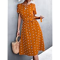 Women's Dress Dresses for Women Polka Dot Print Batwing Sleeve Belted Dress (Color : Mustard Yellow, Size : Large)