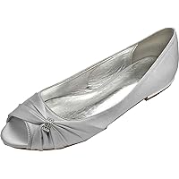 Womens Wedding Shoes Flat Heel with Shiny Rhinestones Slip On Peep Toe Bridal Pleated Pumps Silver US 10.5