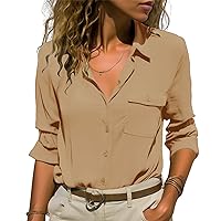 Uincloset Women's V Neck Button Down Shirts Casual Long Sleeve Collared Work Blouse with Pocket
