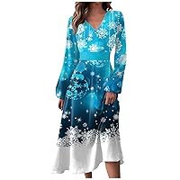 Women's Elegant Dresses Autumn and Winter Casual Fashion V-Neck Long Sleeve Christmas Print Dress, S-2XL