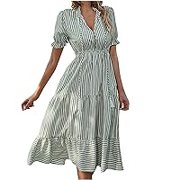 Womens Summer Dresses Ruffle Puff Sleeve Striped Midi Dresses Casual Drawstring Notch V Neck High Waist Flowy Tiered Dress