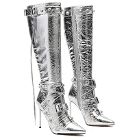 VOMIRA Stiletto Boots for Women Knee High Boots Pointy Toe High Heels Side Zipper Bucke Revets Tassel Boots Sexy Ladies Dressy Party Boots